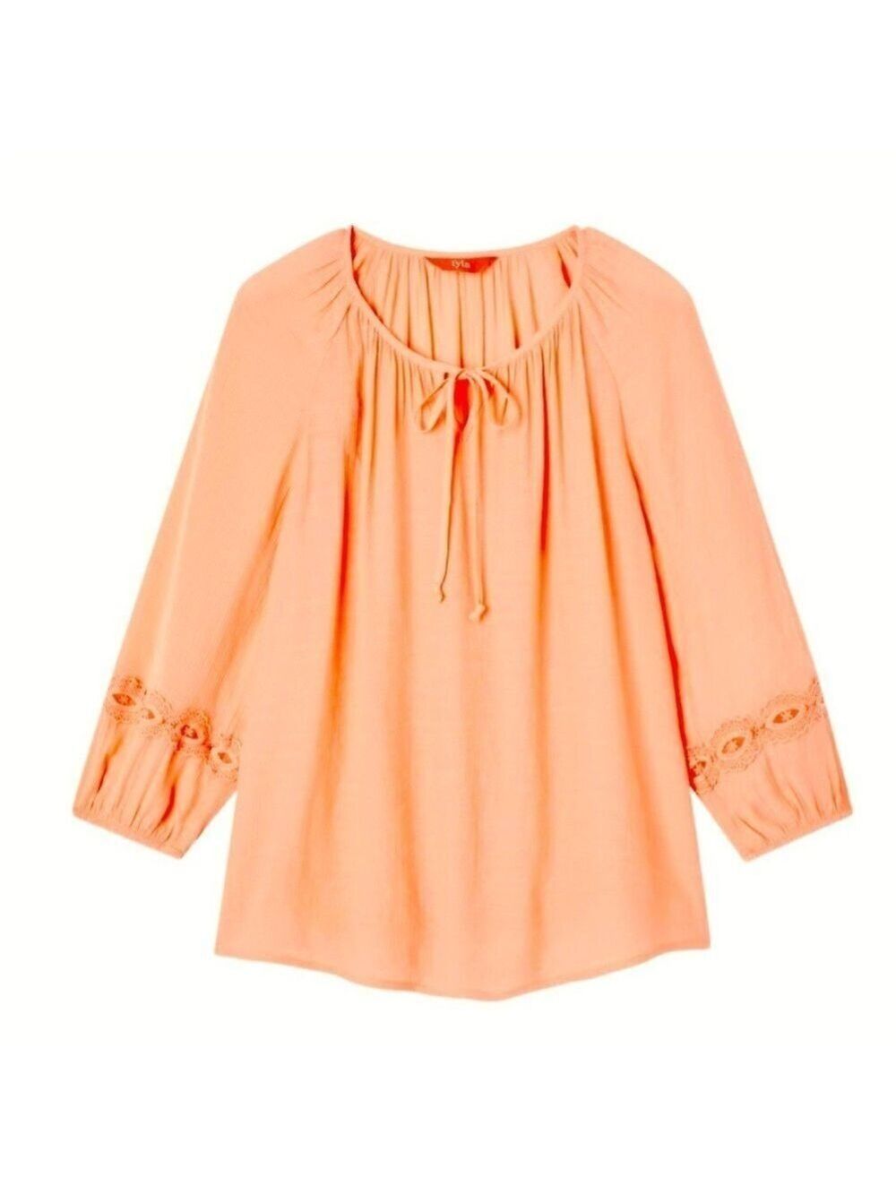 Peach Boho Blouse with Embroidery detail,  pop over w/Front Tie loose Fit sz L